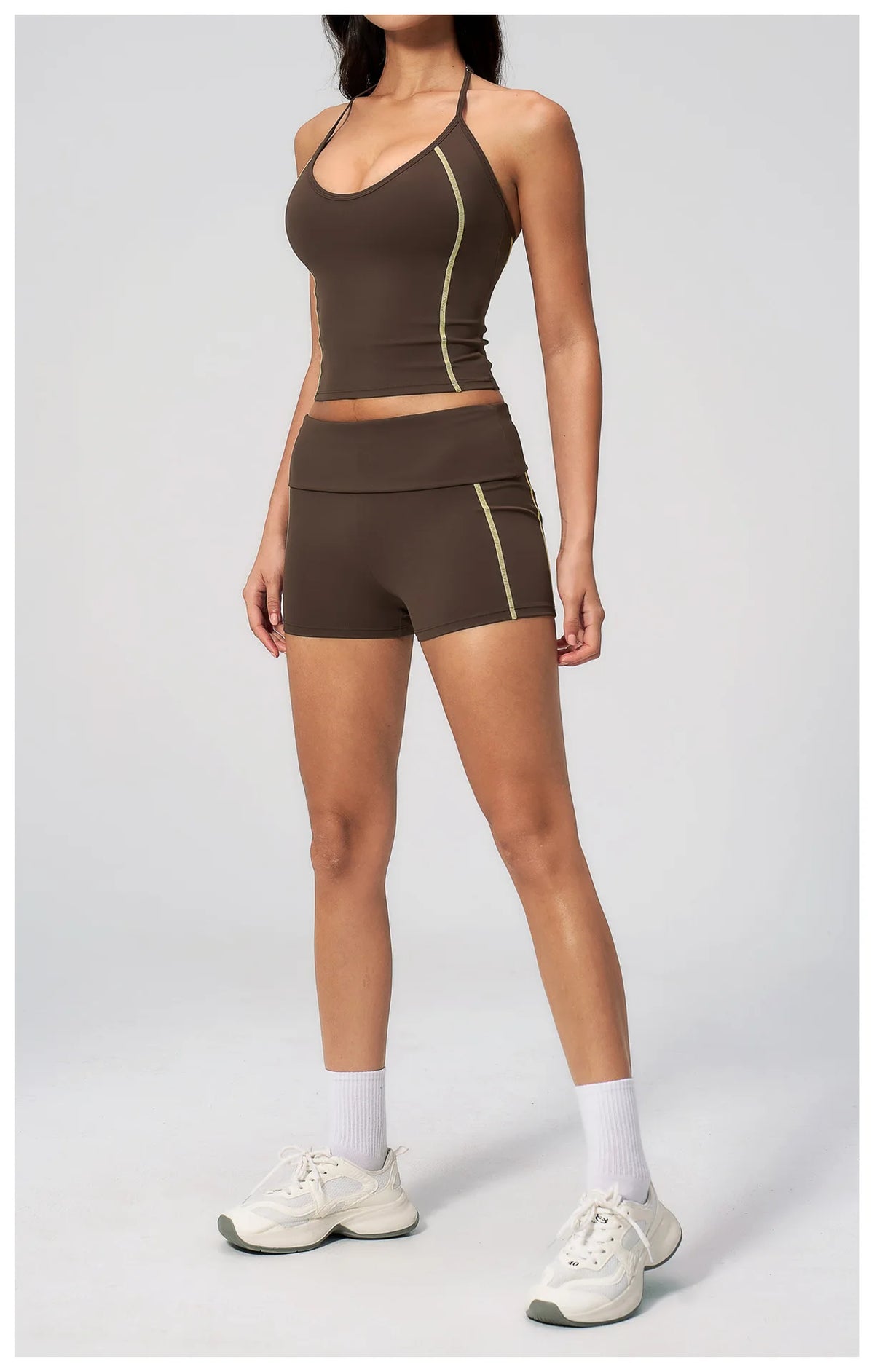 2PCS Women Yoga Sets Color Contrast Hanging Neck V Neck Slimming Sports Tank Top Flip High Waist Shorts Gym Running Fitness Suit