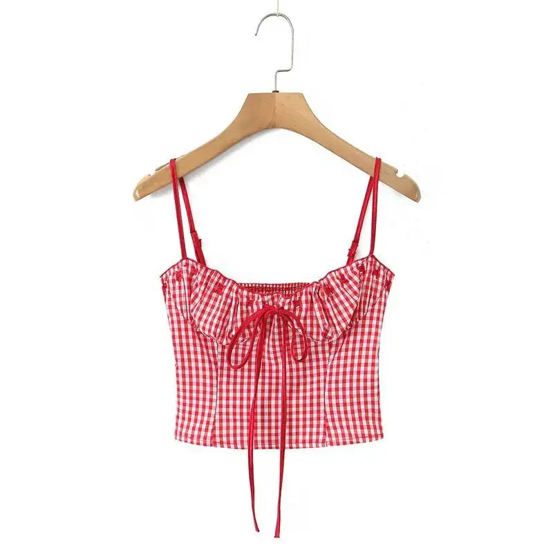 Sweet Girly Plaid Polka Dot Print With Drawstring Tie For Vacations Red Gingham With Bow Scallop Trim Fitted Bustier Style X6P8