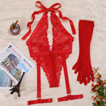 New Purple Sexy Lace Bodysuits Deep V Neck Halter Mesh Solid Color Bodysuits CharmingPure Desire Transparent Flower Print OOB5