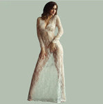 Sexy See Through Lace Long Dresses For Women Deep V-neck Solid Color Maxi Dress Fashion Streetwear Party Night Club Vestidos New