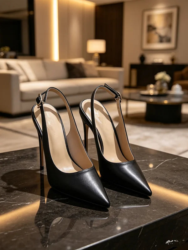 Women Slingback High Heels Pumps Pointed Toe Thin Stiletto Heel Black PU Leather Ankle Buckle Dress Shoes for Party Wedding Offi