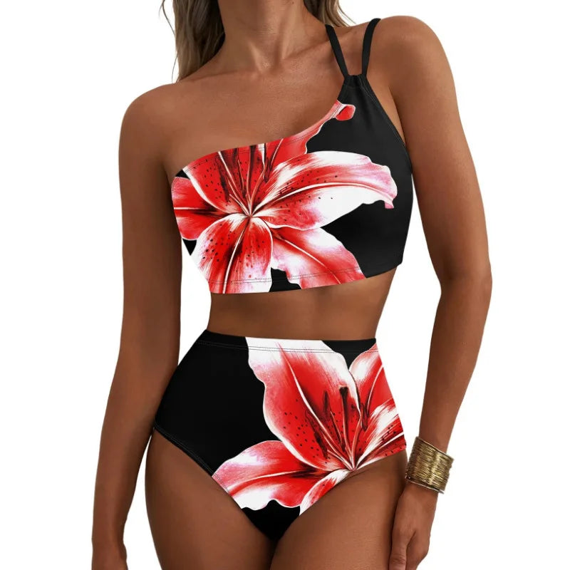 Women Sexy High Waist Split Swimsuit Lace Up Floral Bikini Set Summer Two-piece Beachwear Bathing Suit Thong Biquinis
