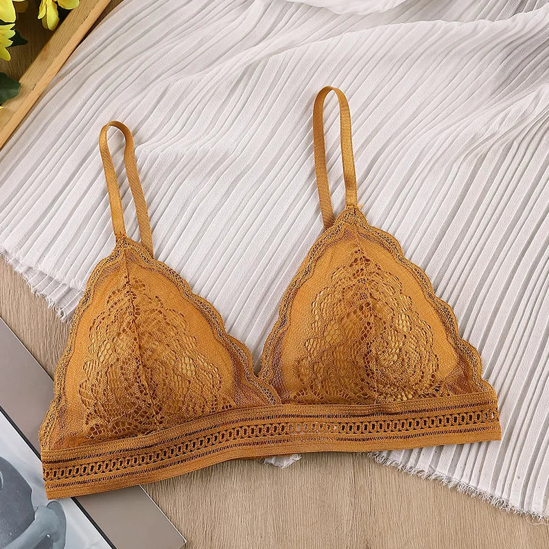 Women Bralette Sexy Lingerie French Style Lace Bra Triangle Cup Brassiere V-neck Solid Color Adjustable Underwear Padded Bra