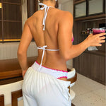 2026 New Sexy Low Bikini Set Swimwear Women Print Floral Brazilian Halter Backless Swimsuit Strappy Beachwear Dot Biquini Female