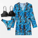 2025 Three Pieces Bikini Set Cover Up Swimwear Women Swimsuit Print Long Sleeve Push Up Bathing Suit Beachwear Swimming Biquini
