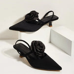 2025 Large Size 43 Summer Women's Pointy Toe Kitten Heels Slingback Pumps Elegant Satin Sandal Rose Flower Office Lady Shoes