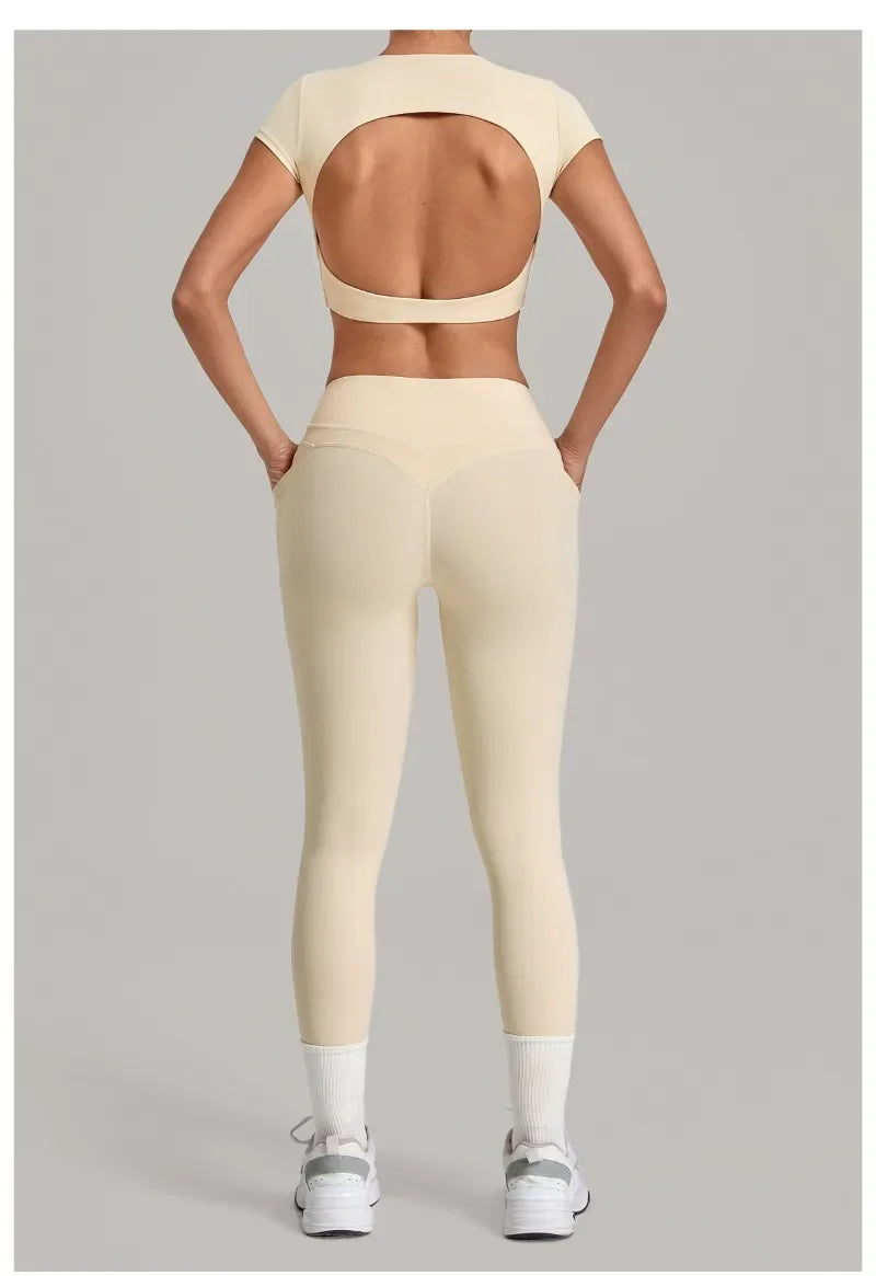 Women's Seamless Yoga Sets Sports Running High Waist Hip-lifting Pants Backless Short-sleeve Suits Workout Fitness Leggings Sets