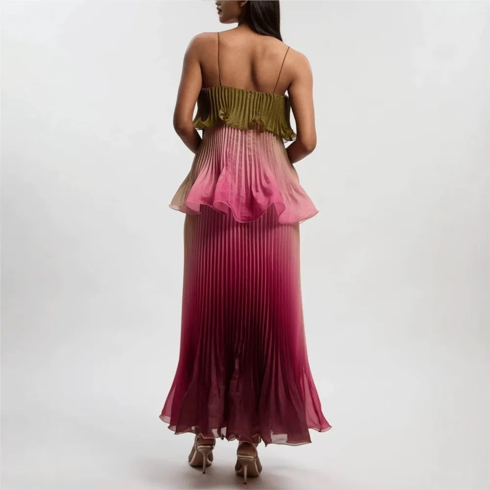 MsChuh Vestidos 2026 Woman Dress Vestido Dresses Spaghetti Strap Temperament Playful Gradient Ruffles Sleeveless Pleated Holiday