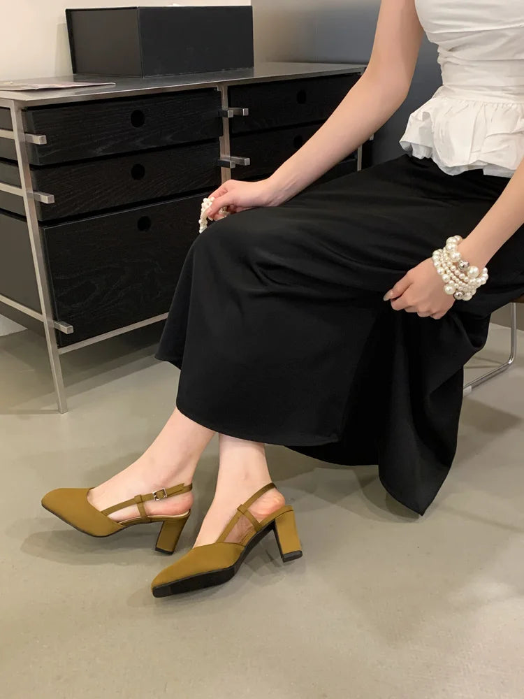 Summer Closed Toe Sandals Buckle Strap Summer Heels Mary Jane Thick Heels French Shallow Lolita Sandals OL Dress Shoes New 2026