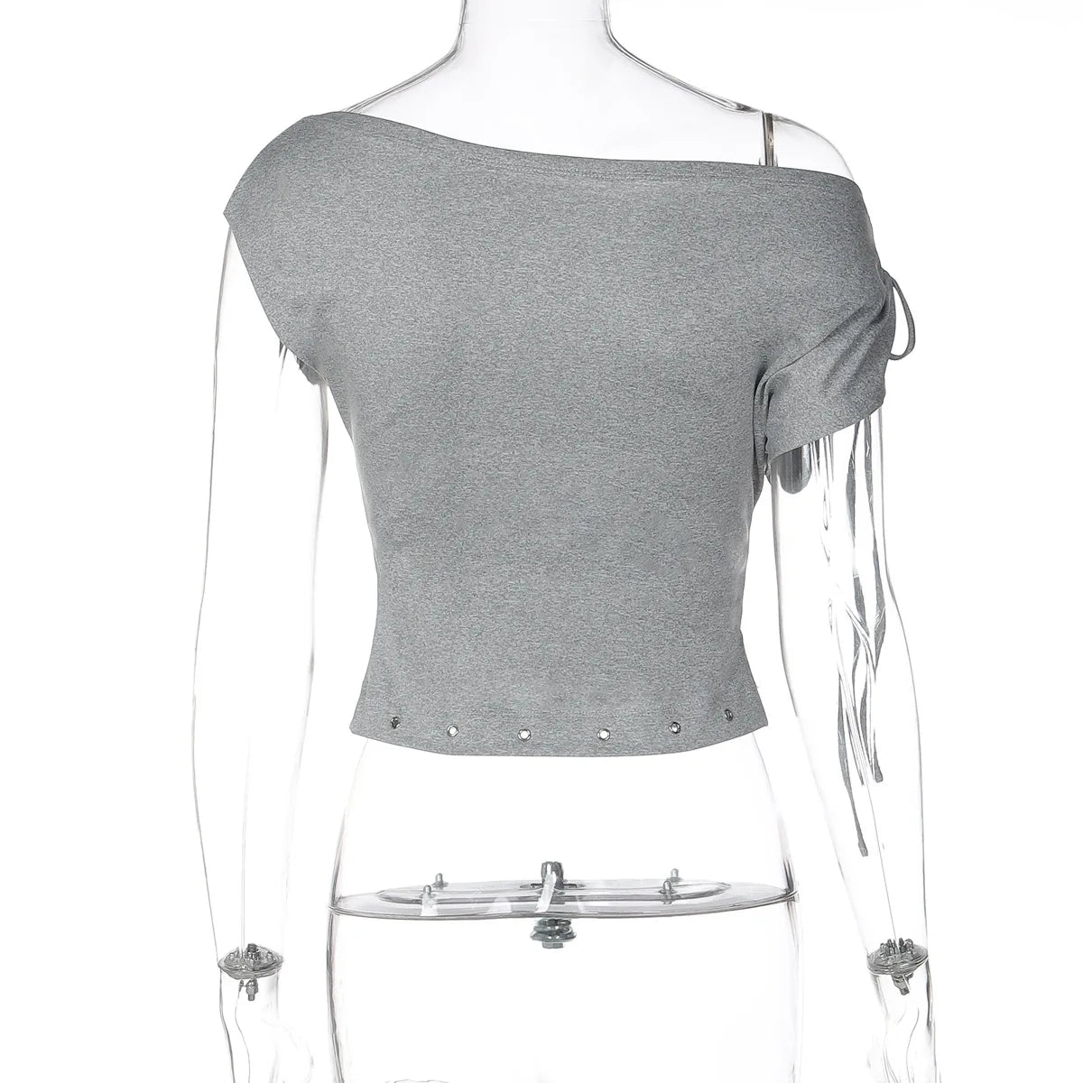 FDYOUI Women's Diagonal Collar Gray T-shirts Y2K Female Off Shoulder Lace-up Holes Cropped Tops Casual Black T Shirt Streetwear