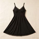 Women Soft Modal Nightgown Lace Trim V Neck Spaghetti Strap Loose Swing Midi Night Dress Breathable Casual Home Sleepwear Ladies