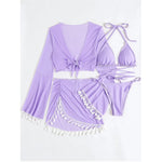 S - XL With Tassel Skirt Long Sleeve Bikini Women Swimwear Female Swimsuit Four-pieces Bikini set Bather Bathing Suit Swim V7060