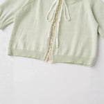 Women's Fashion Short Sleeve Round Neck Bow Lace Knit Solid Color Light Green Lace Trim Front Short Sleeve Knit Casual Top MDTM