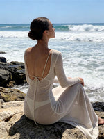Women Knit Dress See Through Bikini Cover-ups Long Sleeve Crew Neck Backless Long Dresses Club Beach Sexy Swimwear Dresses