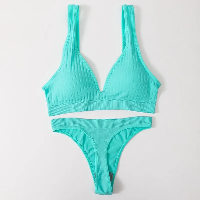 Women Seamless Bra And Panties Set Push Up Bras High Leg Cut Thongs Sport Wireless Brassiere Sexy Lingerie Ribbed Underwear