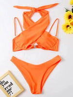 2026 Solid Black Swimsuit Women 2 Piece Bikini Sexy Cross Bandage Hollow Out Lace-up Swimwear Low Waist Thong Beach Bathing Suit