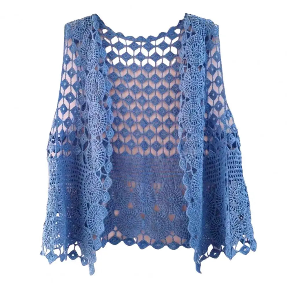 Women Summer Vest Hollow Out Retro Knitted Crochet Sleeveless Loose Open Stitch Thin Cardigan Daily Outwear Coat Top