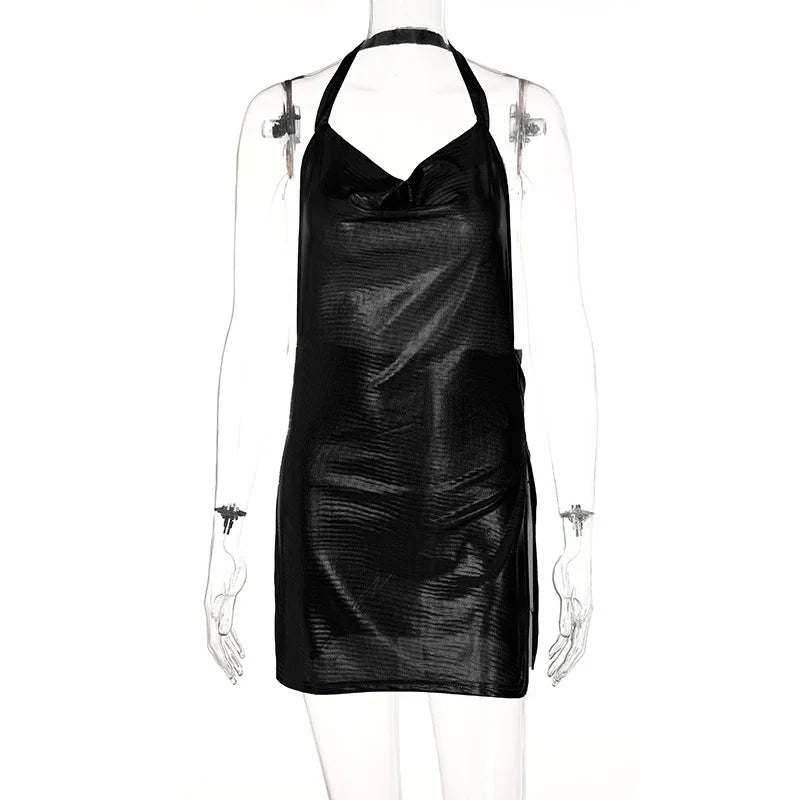 Sexy Hot Girl Slim Halter Neck Mini Dress Fold V-neck Low Cut Backless Bodycon Slit Short Dresses Streetwear Lady Party Vestidos