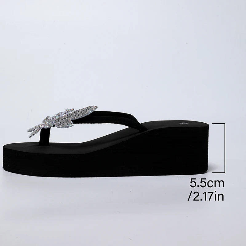 Shiny Sequins Decor Wedge Flip Flops for Women Luxury Open Toe High Heel Sandal Woman 2025 Vacation Beach Non Slip Slides Female
