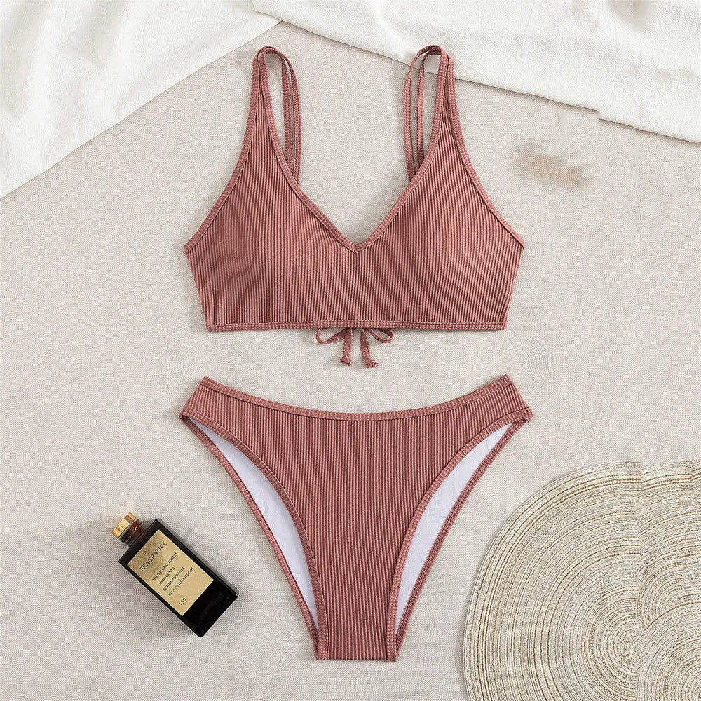 Solid Brown Ribbed Swimwears Sexy Bikinis Sets Push Up Swimsuit Woman 2026 Summer Back Lace-up Bathing Suit Bikini Dames Biquini