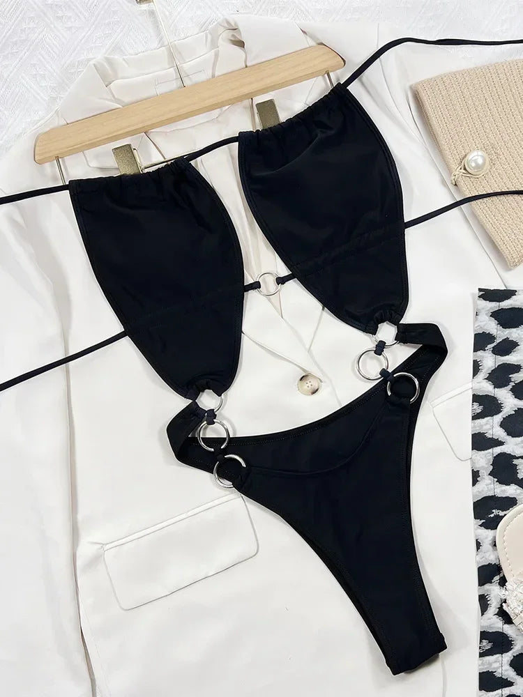 Sexy Halter Metal Rings Tummy Cut Out Female Swimwear One Piece Swimsuit Women High Cut Monokini Backless Bathing Suit Swim Lady