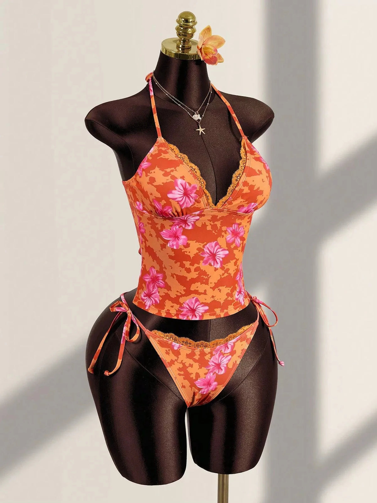 DEKA Women Strapped Print Swimwears Lace-up Bikini Set Halter V Neck Front Tie Cami Top Swim Lady Bathing Suit
