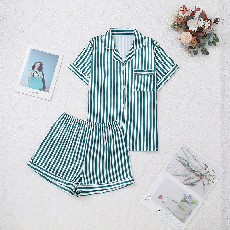 Women Pink Striped Satin Silk Pajamas Set Short-Sleeved V-neck Top and Shorts High Grade Ladies Sleepwear Loungewear