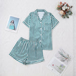 Women Pink Striped Satin Silk Pajamas Set Short-Sleeved V-neck Top and Shorts High Grade Ladies Sleepwear Loungewear