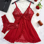 Sexy Contrast Lace and Mesh Ruffle Babydoll Dress Woman Sexy Nightgown V-neck Open Bra Sleep Skirt Nighties