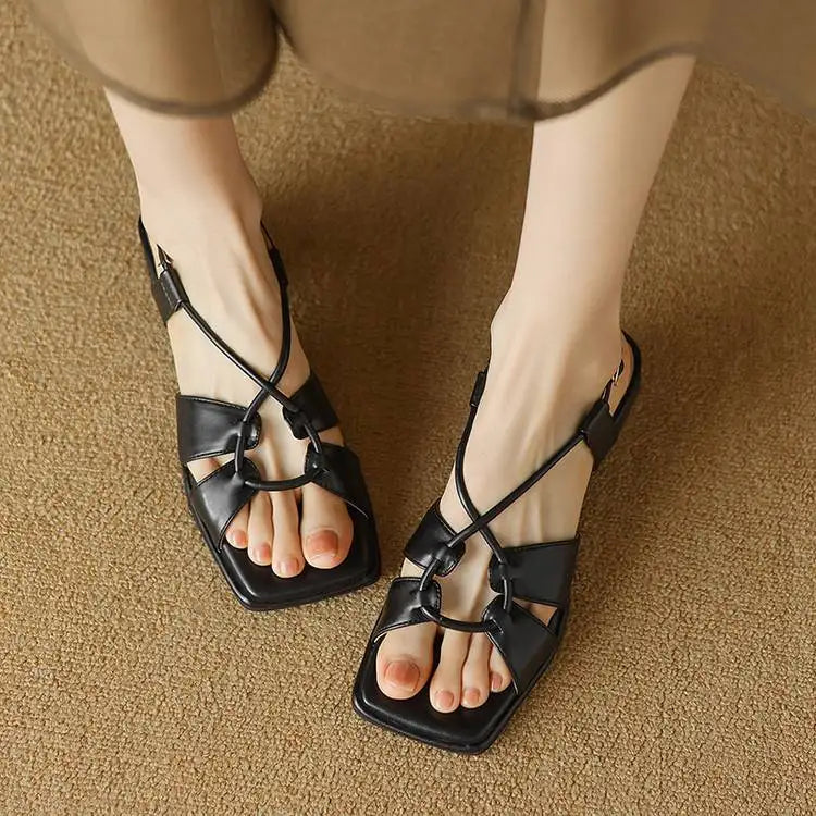2026Summer New Model Fashion Middle Heeled Women's Sandals Black Buckle Open-toe Comfortable Hollow-out Women's Shoes High 3.5cm