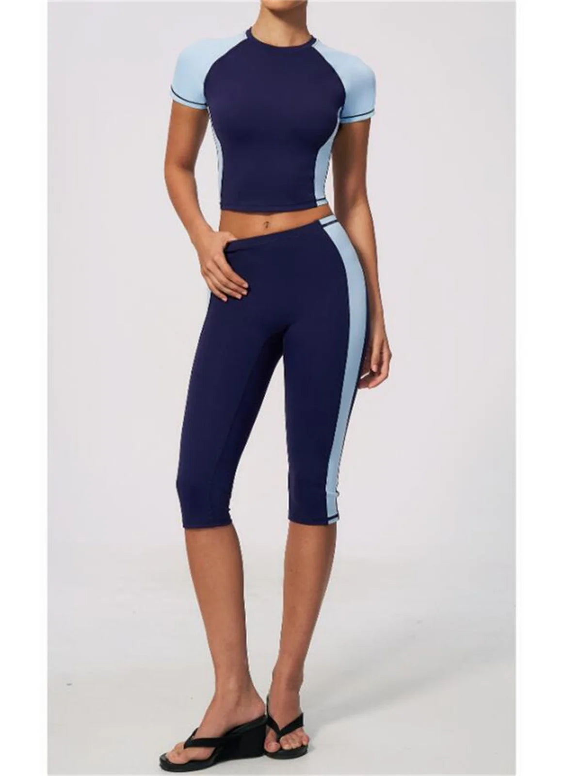 Color Blocking 2PCS Yoga Set Women's Tracksuit Short Sleeve O Neck Sports T Shirts High Waist Cropped Pants Tight Fitness Suits