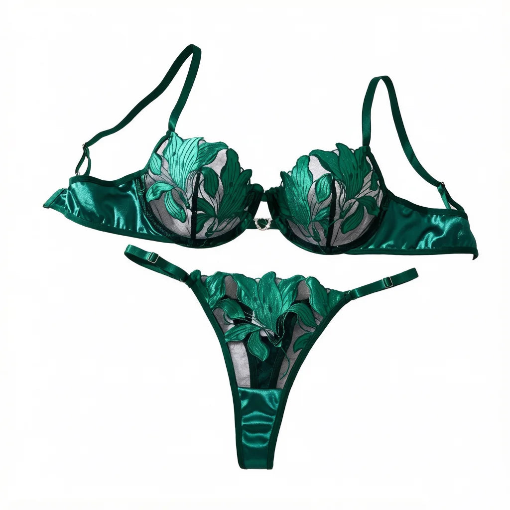Exclusive green embroidery lingerie set for dates. Sexy see-through chiffon bra. High-end sensual women's underwear ZA824031