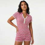 Women Summer Romper Short Sleeve Buttons Turn Down Collar Bodycon Jumpsuits Casual Daily Fashion Knit Striped Playsuits