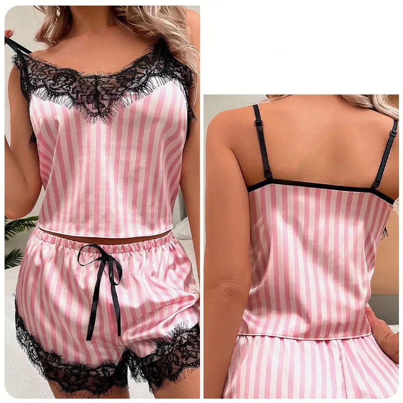 Sexy Women Striped Pajama Set Cami Top and Shorts Set with Lace Trim Sleepwear LoungewearNightwear Fashion Pink Plus Size
