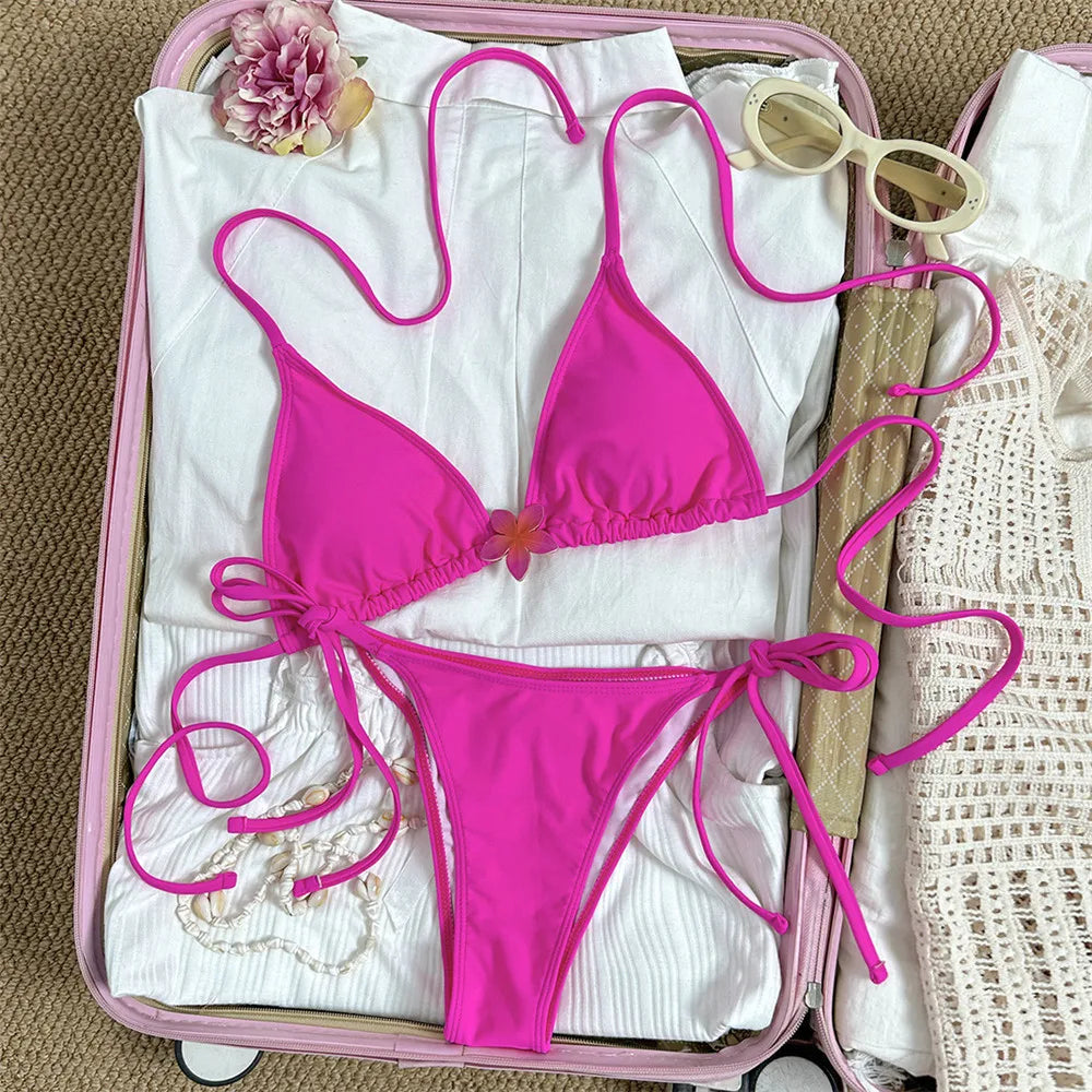 Cute Yellow String Halter Triangle Micro Bikini Thong Femmes Sexy Swimsuit Women Flower Swimwear 2026 Bikinis Sets Bathing Suit