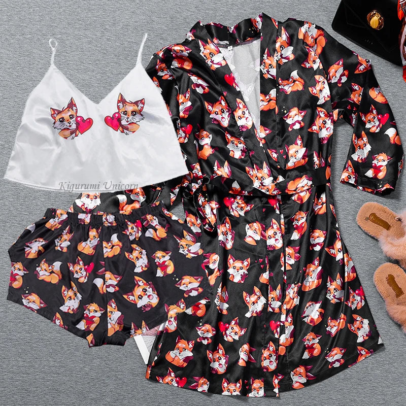 Women's Summer Sexy Pajama Shorts Set 3 Pieces Lace Satin With Silk Sleepwear Robe Fashion And Comfortable Print Nightwear