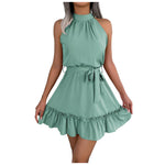 Elegant Halter Mini Dress For Women Solid Color Off Shoulder Sleeveless A Line Summer Dress Tie Waist Ruffled Hem Office Dresses