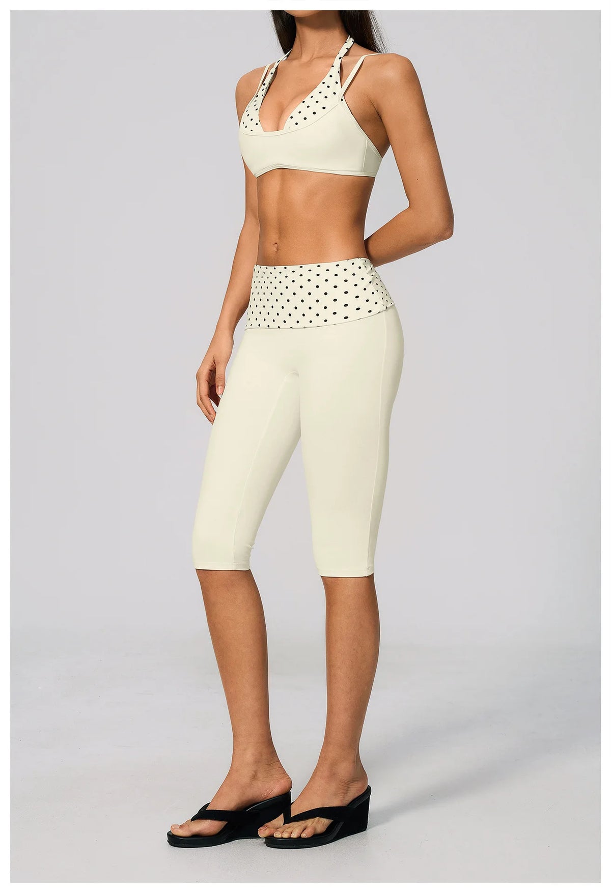 Summer Polka Dot Yoga Sets Women Hanging Neck Shockproof Sports Bra Fitness Suit Folding High Waist Mid Pants Gym Tracksuit