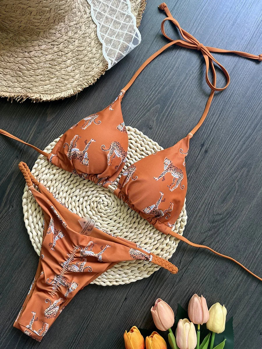 Leopard Halter Scrunch Butt Micro Thong Bikini Women Swimwear Female Swimsuit Two-pieces Bikini Set Bather Bathing Suit Swim