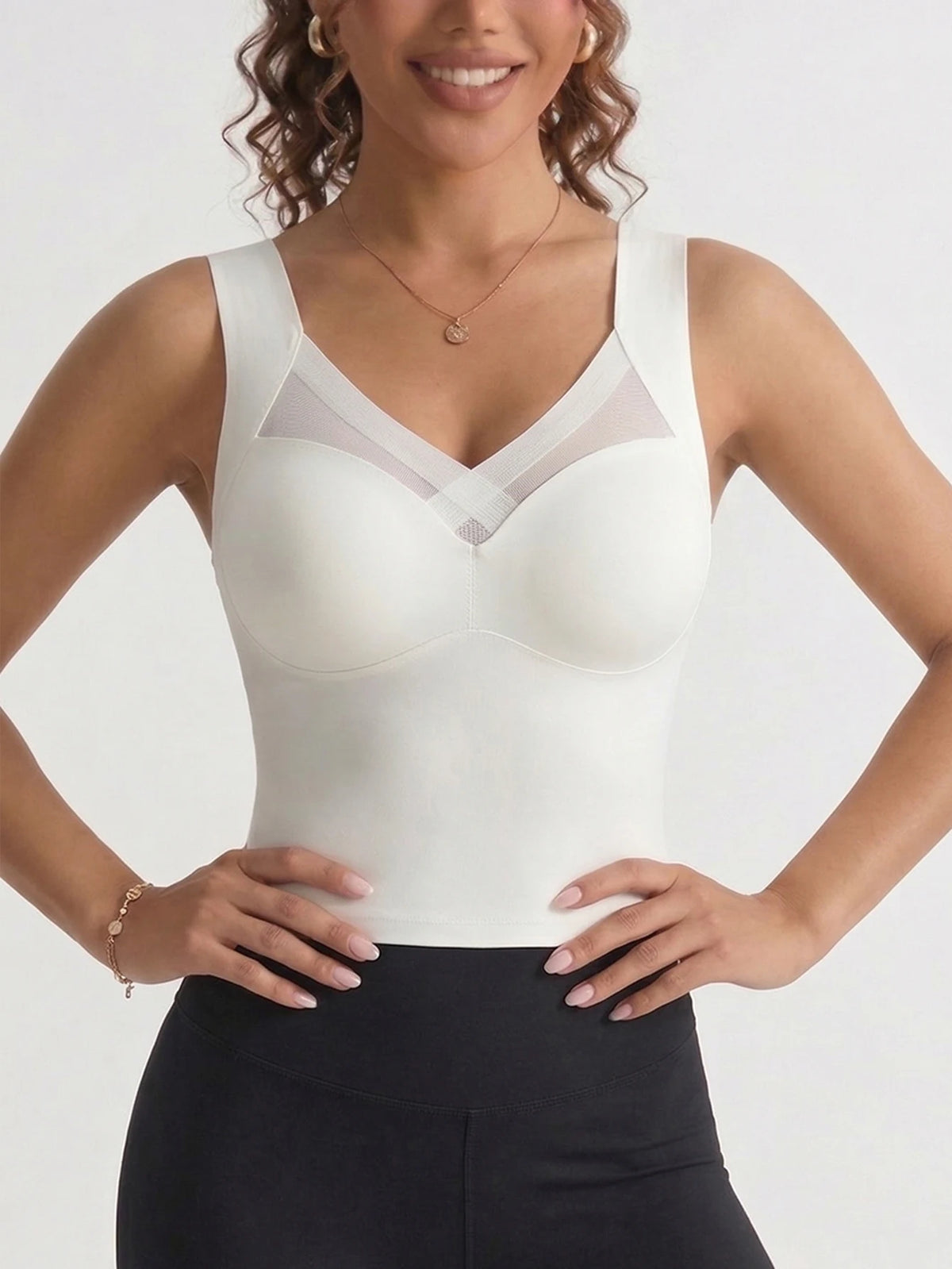 Yoga Sports Bra Elegant Wireless Fixed Cup Tank Bra Front Crisscross Mesh Seamless Back for Daily Party Dating Outfits