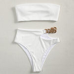 Metal Chain Ribbed Female Bandeau Swimsuit High Waist Bikini Women Swimwear Two-pieces Bikini set Asymmetric Bathing Suit Swim