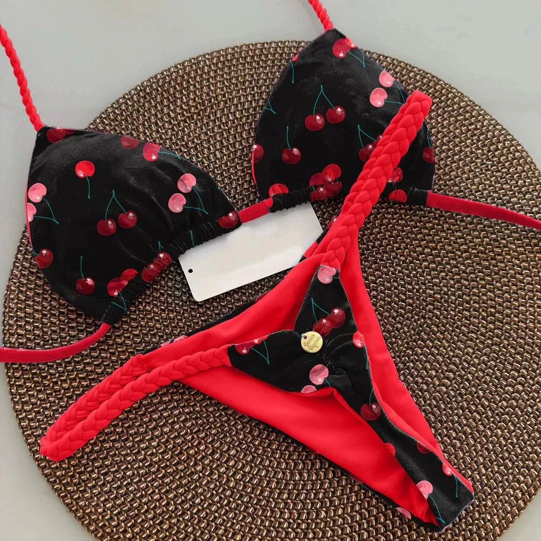 DEKA Sexy Green Floral Print Bikini Set Swimwear Women Braiding Rope Strap Patchwork Bandage Push Up Bathing Suit Thong Swimsuit