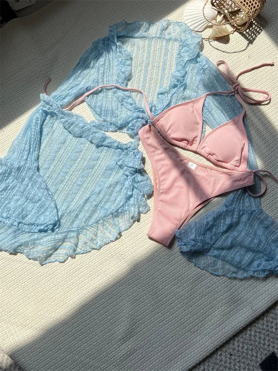 Sexy 4 Pieces Bikinis Sets Women Mesh Long Sleeve Cover Up Beach Skirt Swimwear Holiday Beach Bathing Suit Patchwork Swimsuit