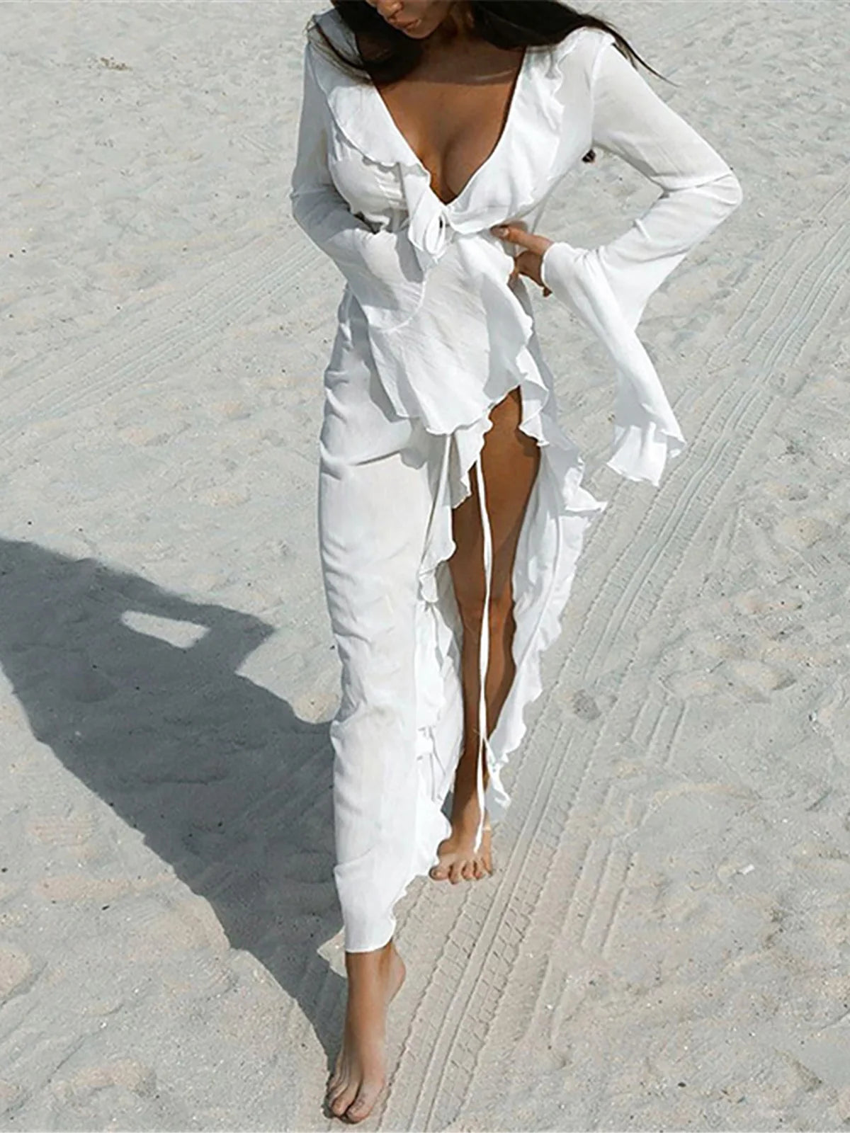 New Sexy V Neck Ruffled Long Sleeve Chiffon Tunic Beach Cover Up Cover-ups Beach Dress Beach Wear Beachwear Female Women V5976