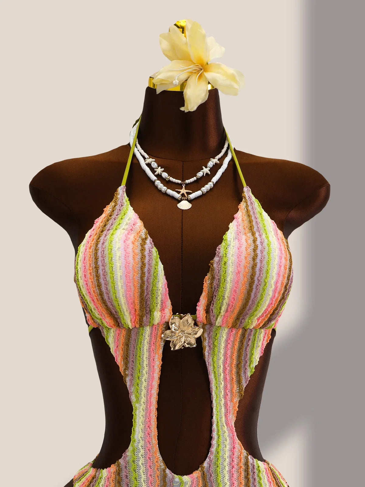 Vintage Black Striped One Piece Swimwear Women 2026 3D Metal Flower Hollow Out Backless Beach Holiday Bathing Suit Swimsuit