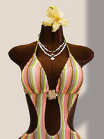 Vintage Black Striped One Piece Swimwear Women 2026 3D Metal Flower Hollow Out Backless Beach Holiday Bathing Suit Swimsuit