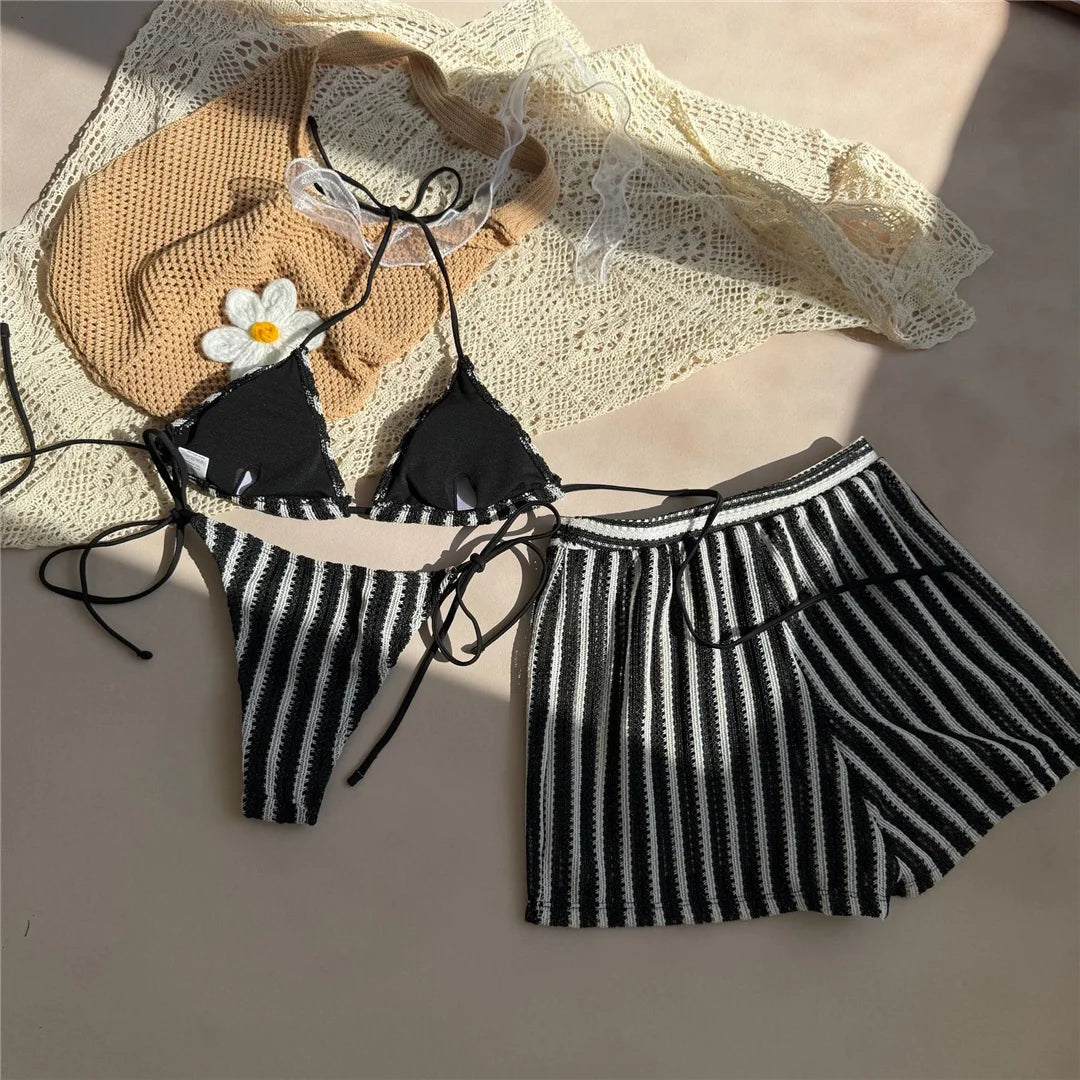 With Shorts Striped Halter Bikini Female Swimsuit Women Swimwear Three-Pieces Bikini Set Padded Bather Bathing Suit Swim V7159