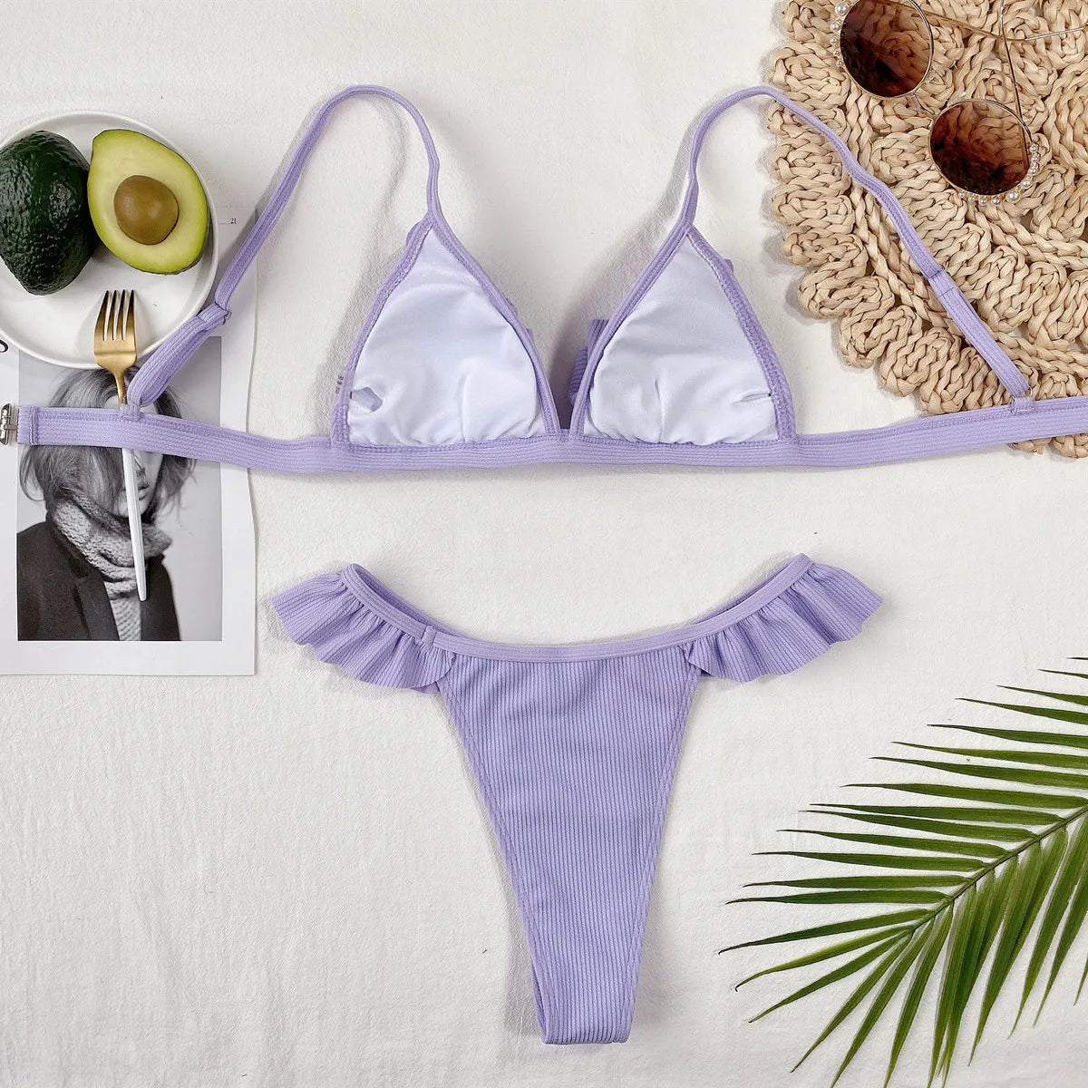 Sexy Bikini Women Swimwear Swimsuit Light Purple Pit Striped Ruffled Lettuce Trim Bikinis Set Bathing Suit Beach Bikini Biquinis