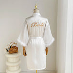 Fashion Satin Robe Female Bathrobe Sexy Lingerie Silk Kimono Bride Dressing Gown Women Sleepwear Furry 3/4 Sleeve Gown Bathrobe