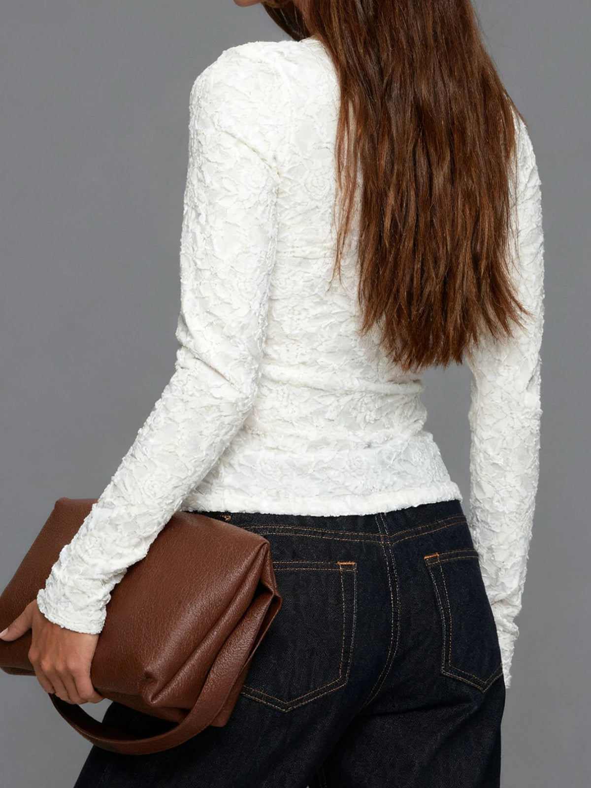 Women Long Sleeve Round Neck Spring Fall Lace Tops Slim Fit Solid Color Oblique Button Up T-shirts